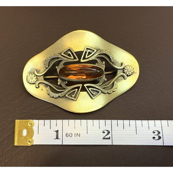 Antique ART NOUVEAU DECO Yellow Czech Glass Brass Sash Pin BROOCH Vintage - Picture 6 of 7
